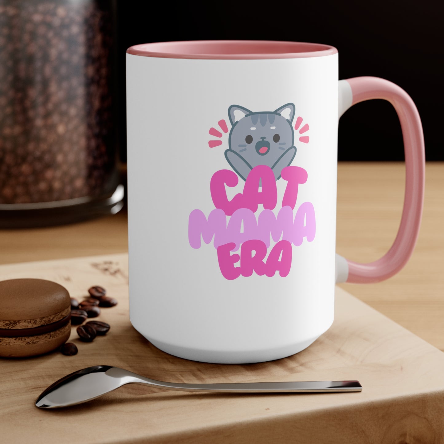 Cute Cat Mama Accent Mug - Perfect Gift for Cat Lovers, Cat Mom Mug, Coffee Cup, Adorable Pet Lover Present, Pink Handle Mug