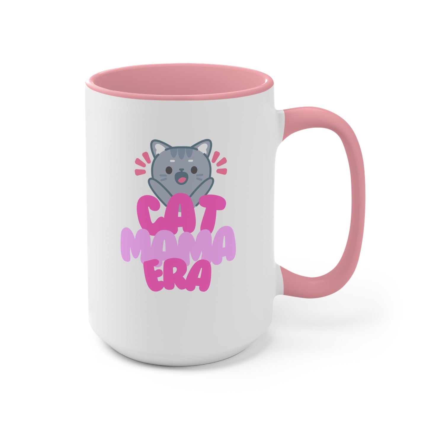 Cute Cat Mama Accent Mug - Perfect Gift for Cat Lovers, Cat Mom Mug, Coffee Cup, Adorable Pet Lover Present, Pink Handle Mug