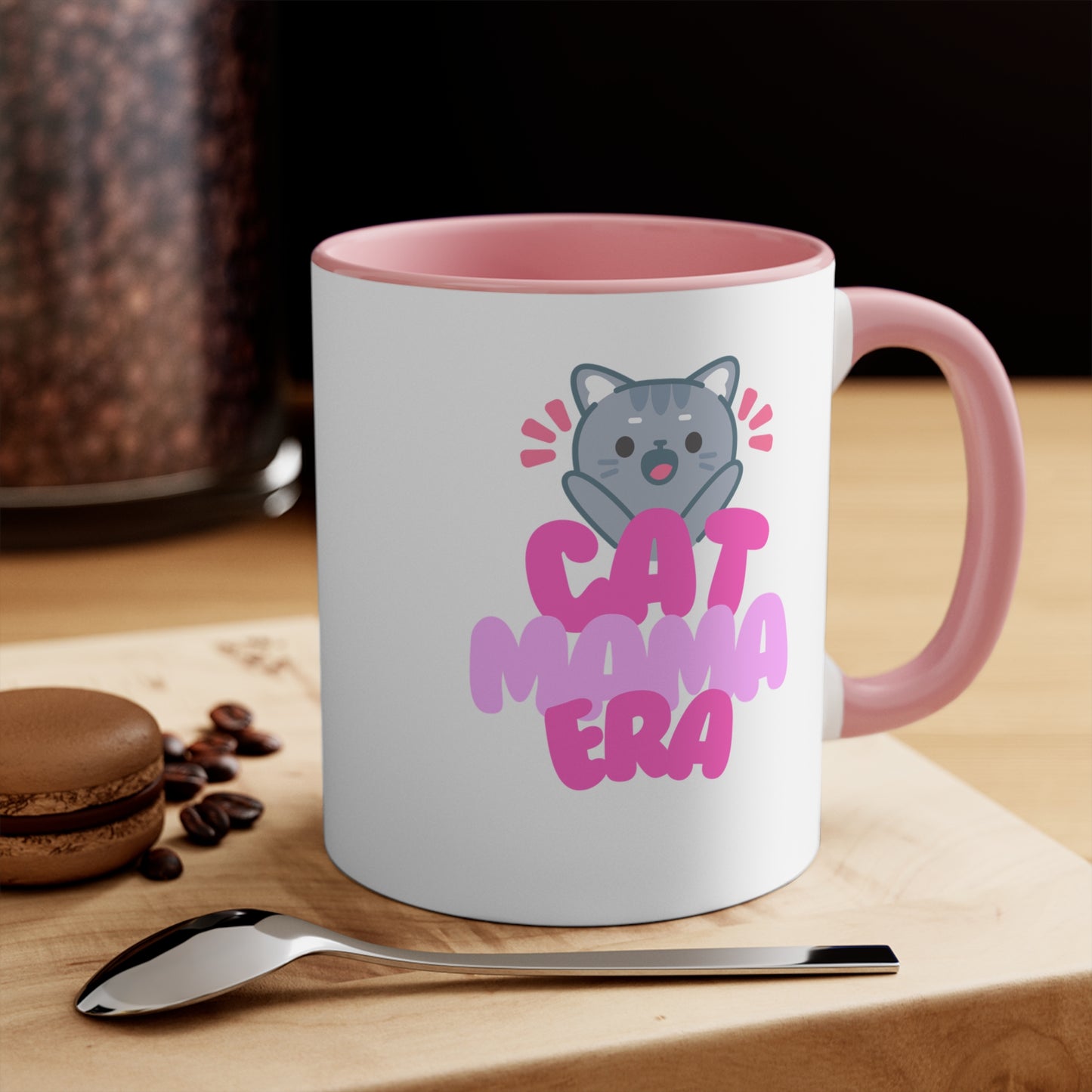 Cute Cat Mama Accent Mug - Perfect Gift for Cat Lovers, Cat Mom Mug, Coffee Cup, Adorable Pet Lover Present, Pink Handle Mug