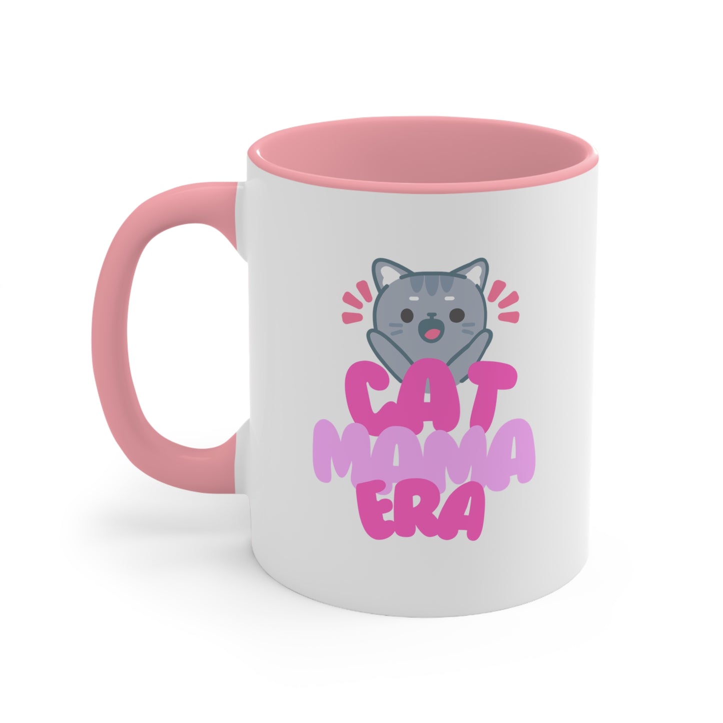 Cute Cat Mama Accent Mug - Perfect Gift for Cat Lovers, Cat Mom Mug, Coffee Cup, Adorable Pet Lover Present, Pink Handle Mug